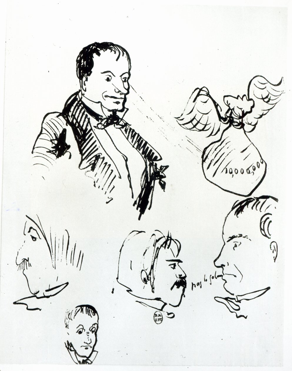 Tři autoportréty a profily Julese Champfleuryho (1821-89) a Charlese Asselineaua (1820-74) kolem 1857-58 od Charles Pierre Baudelaire
