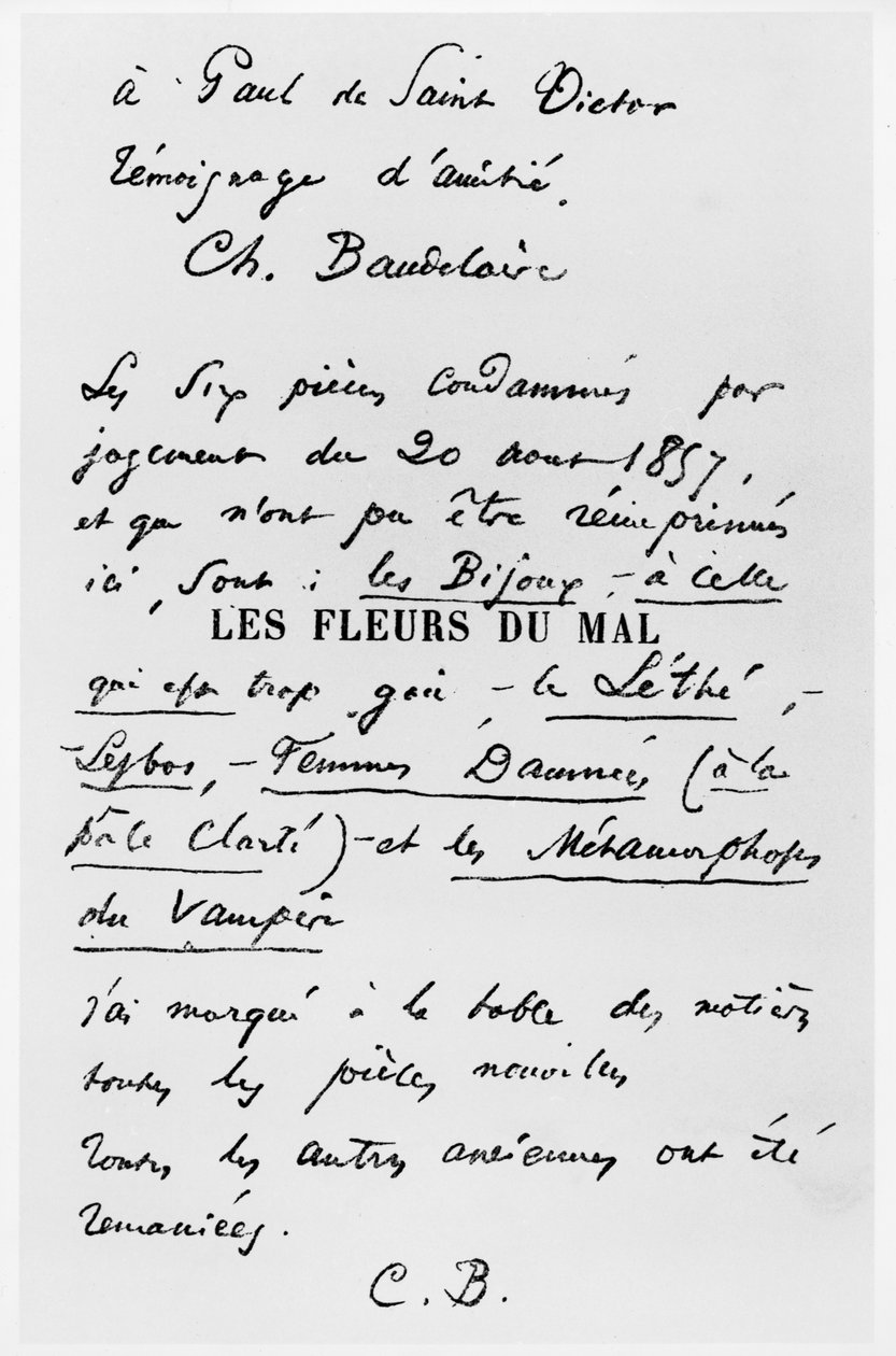 Titulní list prvního vydání "Les Fleurs du Mal" s věnováním Paulu de Saint-Victor od Charles Pierre Baudelaire