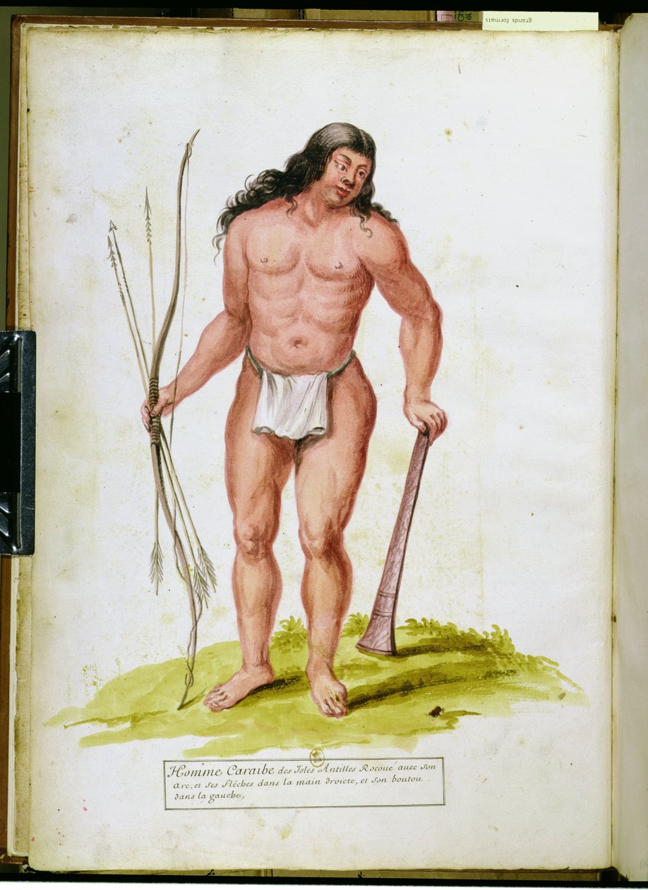 Domorodec z Karibiku se svými zbraněmi, z rukopisu o rostlinách a civilizaci na Antilách, asi 1686. od Charles Plumier