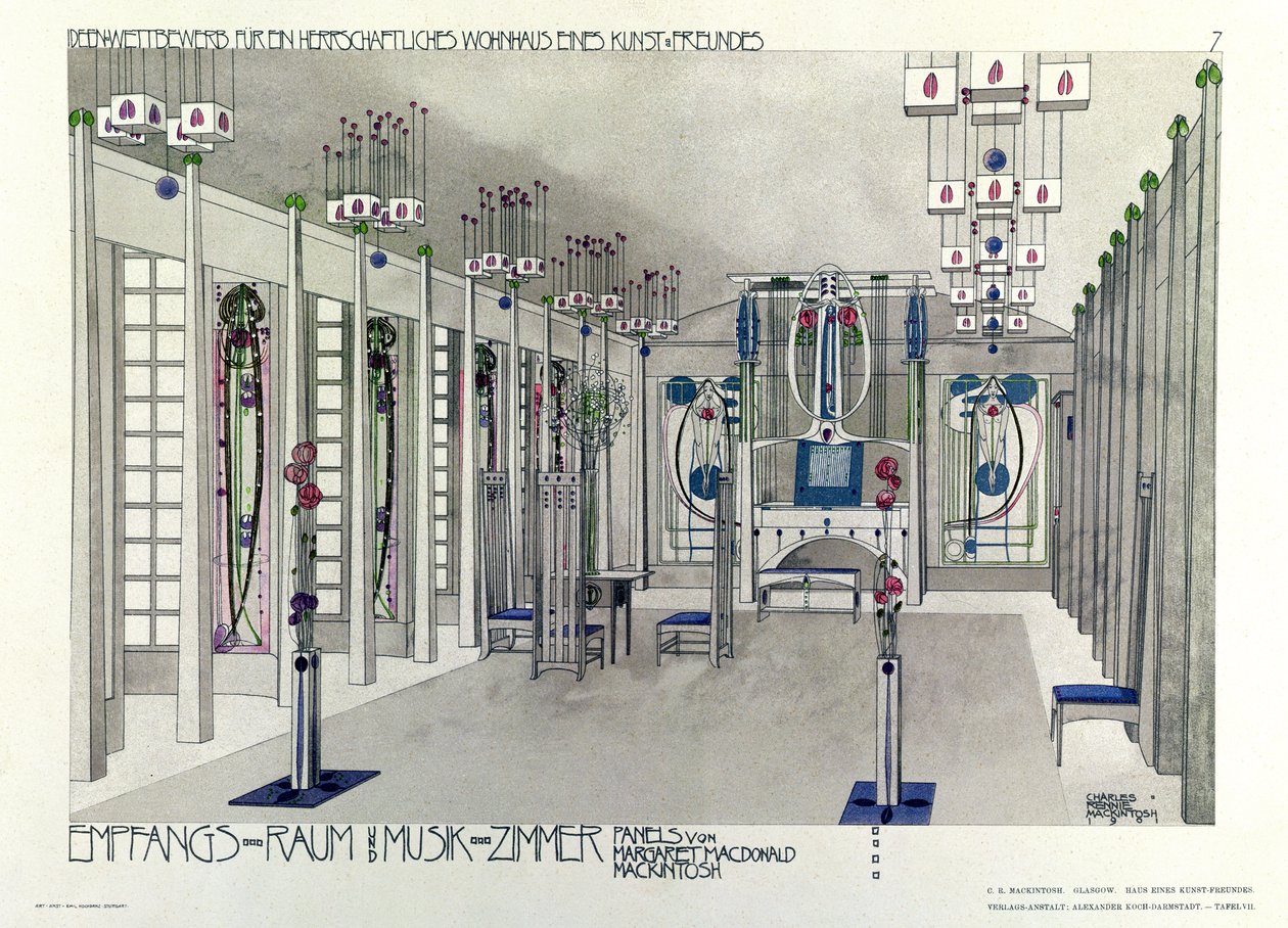 Návrh hudebního pokoje s panely od Margaret Macdonald Mackintosh (1865-1933) 1901 od Charles Rennie Mackintosh