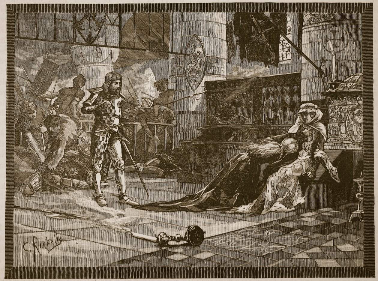 Zachycení Bruceovy manželky a dcery v Tainu, 1306, ilustrace z „Cassell