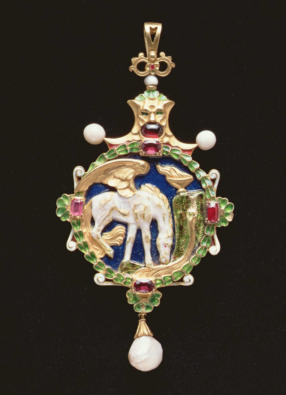 Přívěsek Pegasus obsahující miniaturu slečny Edith Emily Cooperové, uzavřený, 1901 (zlato a smalt, perly, granáty a rubíny) (uvnitř viz 109663) od Charles Ricketts