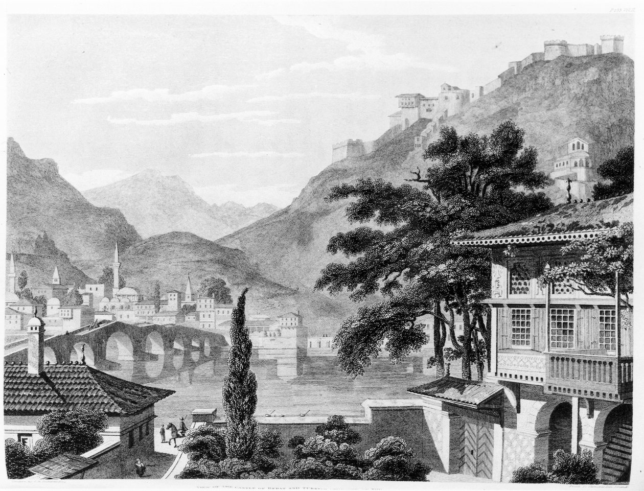 Město Berat na počátku 19. století, z knihy „Cesty po Sicílii, Řecku a Albánii“ od Thomase Smarta Hughese, 1820 od Charles Robert Cockerell