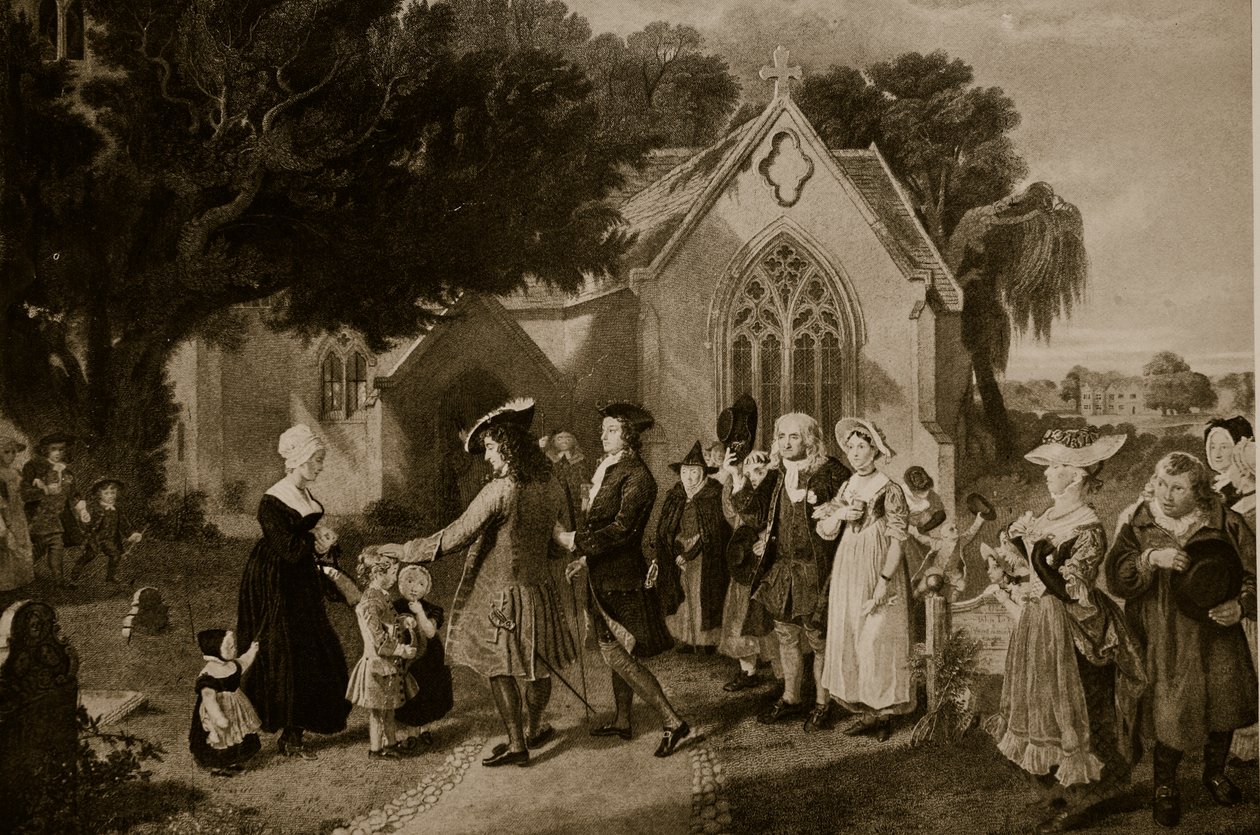 Sir Roger de Coverley, jdoucí do kostela s ‚divákem‘, obklopený svými nájemníky, ilustrace z ‚Hutchinsonova příběhu britského národa‘, kolem roku 1923 od Charles Robert Leslie