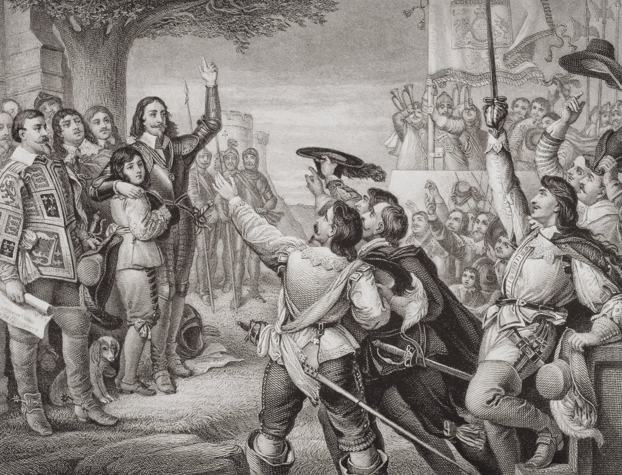 Karel I. (1600-49) vztyčující svou standartu v Nottinghamu v úvodní scéně Velké občanské války 25. srpna 1642, z „Ilustrací anglické a skotské historie“ Volume I od Charles West Cope
