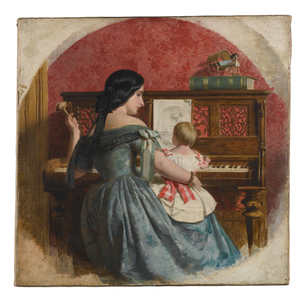 Domácí interiér s matkou a dítětem sedícím u klavíru, kolem roku 1860 od Charles West Cope
