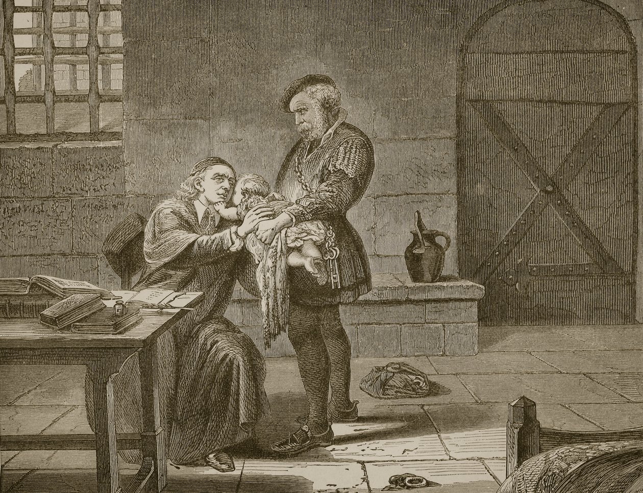 Laurence Saunders, mučedník, loučící se se svým dítětem, vyryto Butterworthem a Heathem od Charles West Cope