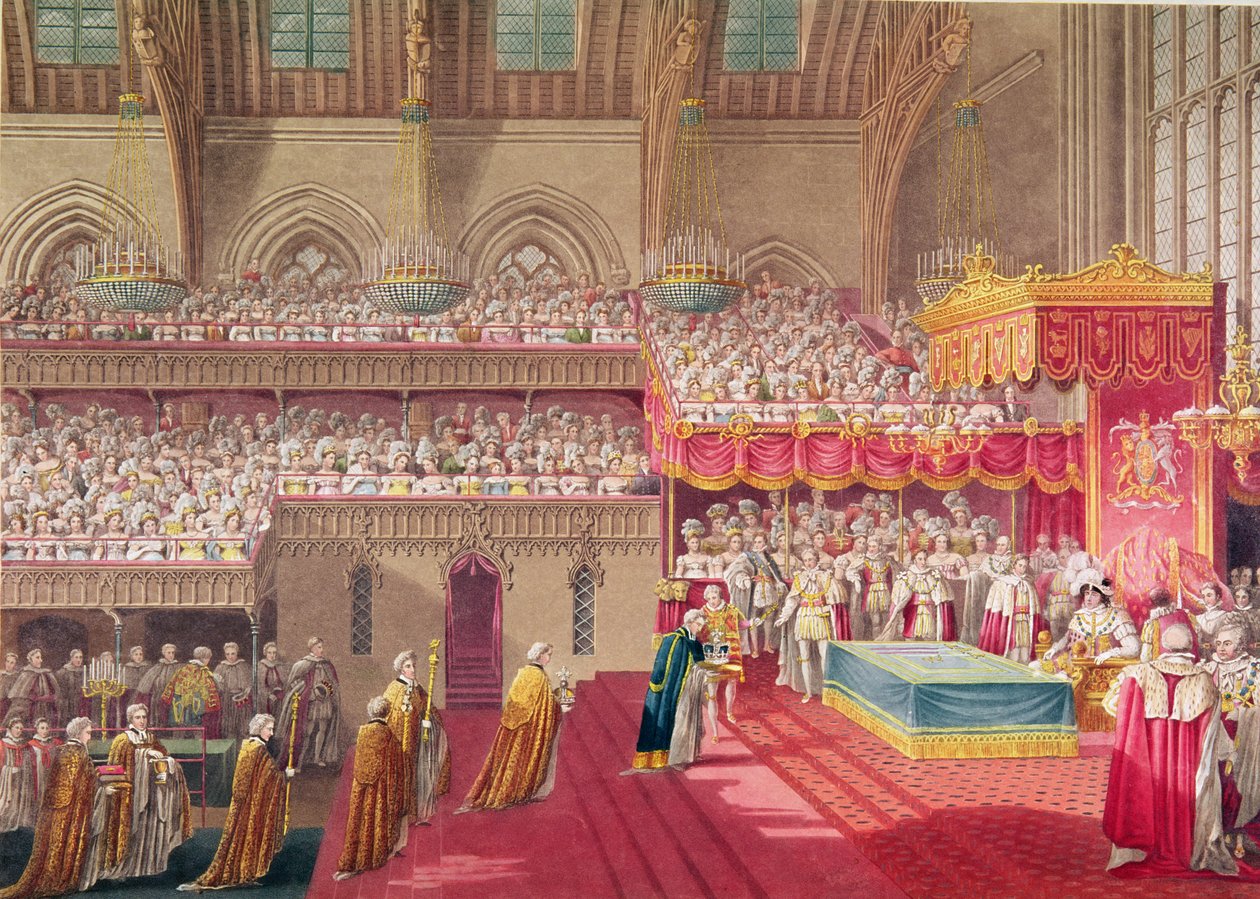 Procesí děkana a prebendářů z Westminsteru s Regalií, z alba oslavujícího korunovaci krále Jiřího IV. (1762-1830) 19. července 1821, vyryl Matthew Dubourg (fl.1786- od Charles Wild