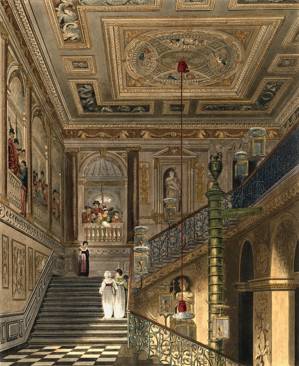 Velké schodiště v Kensingtonském paláci Z Pyneova díla "Královské rezidence", vyrytého Richardem Reevem (nar. 1780) a vydaného v roce 1819. od Charles Wild