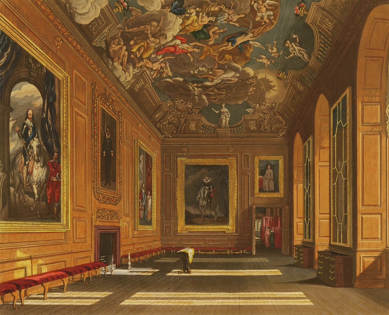 Královnina prezenční síň, hrad Windsor, z knihy "Royal Residences", vyryl W. J. Bennett, vydal William Henry Pyne (1769-1843), 1819 (akvatinta) od Charles Wild