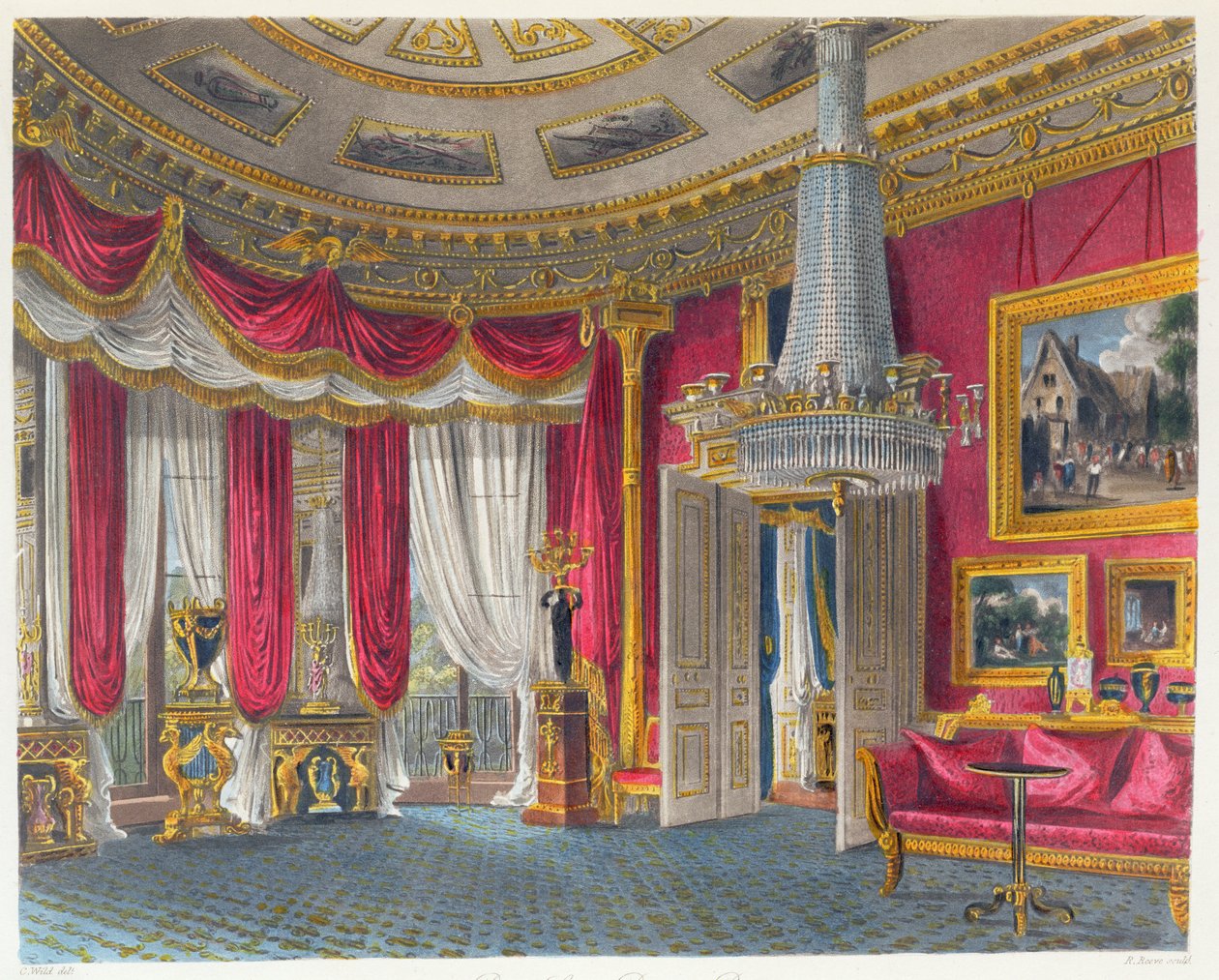 Salón Rose Satin, Carlton House, pohled na jihozápad, rytina R. Reeva (fl.1811-37), z knihy "The History of the Royal Residences" Williama Henryho Pynea (1769-1843), vyd. 1819 (akvatinta) od Charles Wild