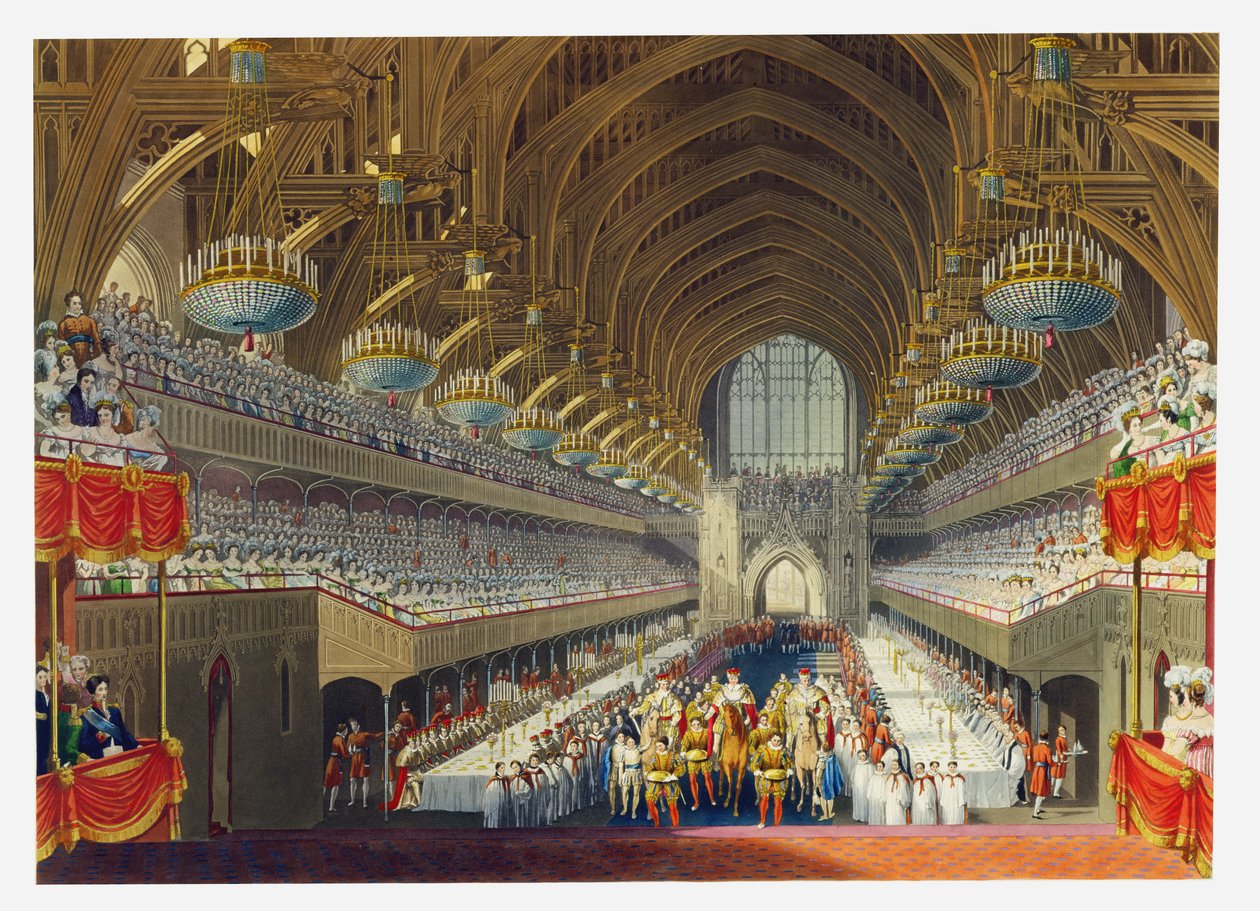 The Royal Banquet, First Course, z alba oslavujícího korunovaci krále Jiřího IV. (1762-1830) 19. července 1821, vyryté Williamem Jamesem Bennettem (1787-1844) vydané 1824 od Charles Wild