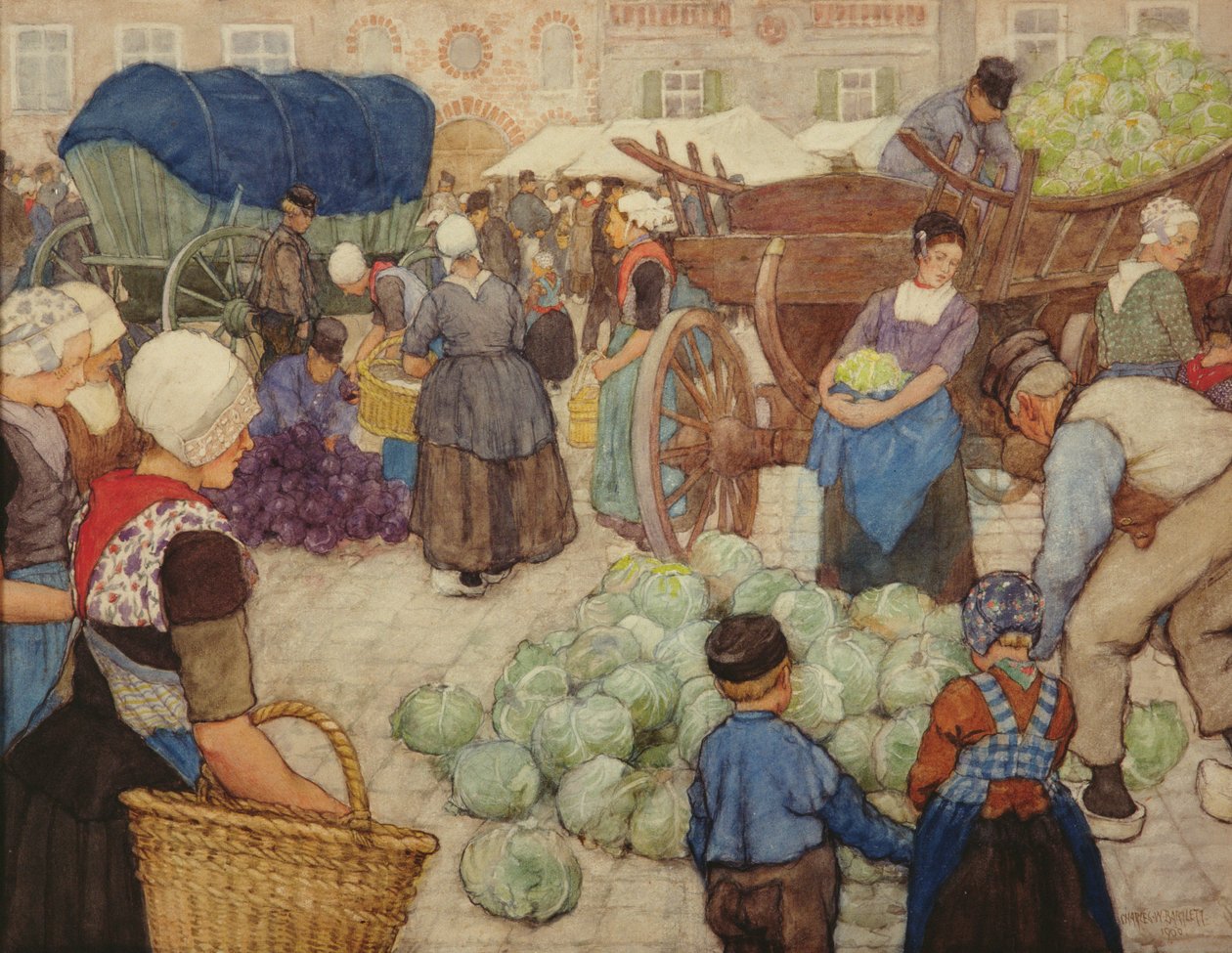 Zelený trh, The Cabbage Sellers, 1900 (Wc na papíře) od Charles William Bartlett
