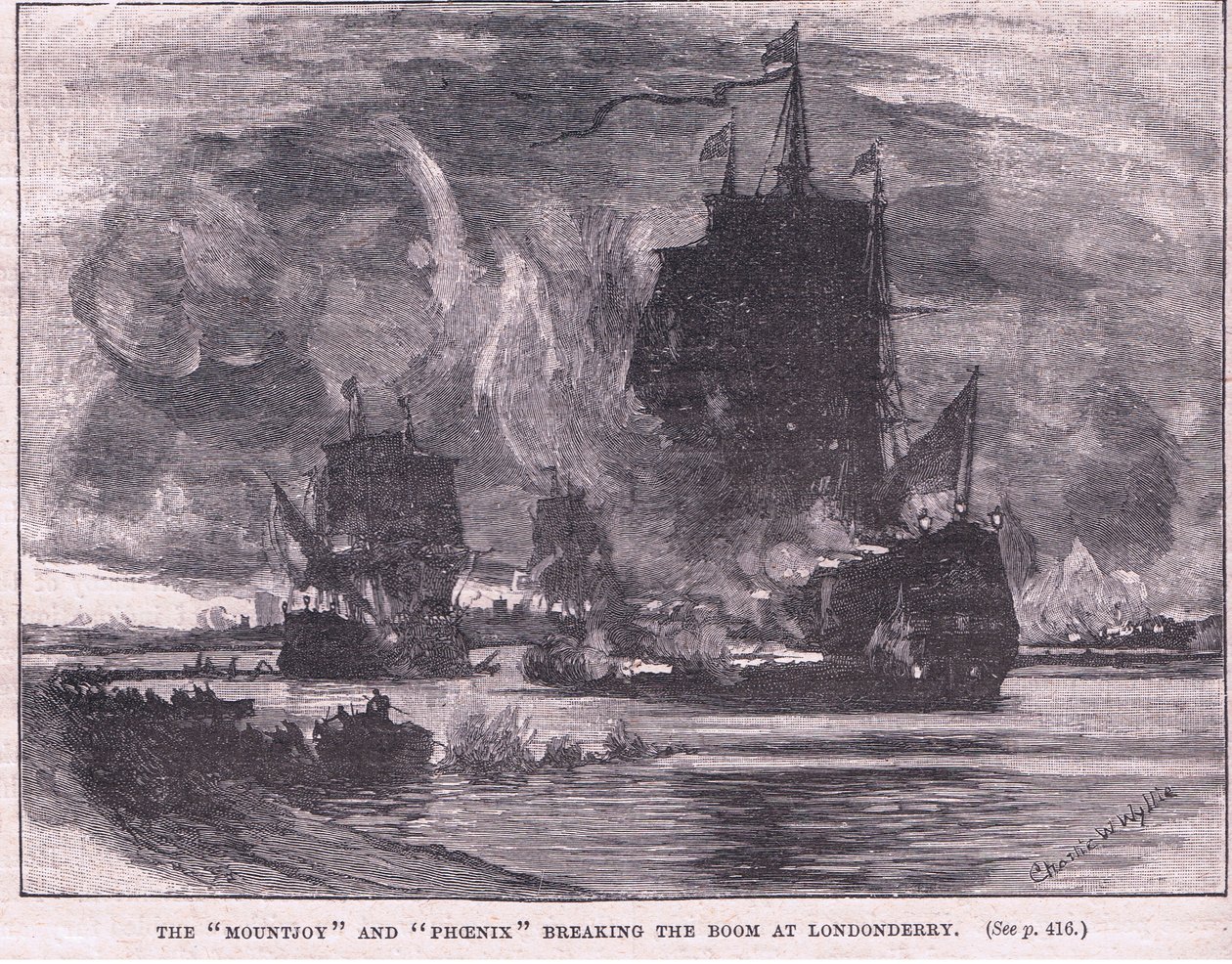 „Mountjoy“ a „Phoenix“ prolomily boom v Londonderry AD 1689 od Charles William Wyllie
