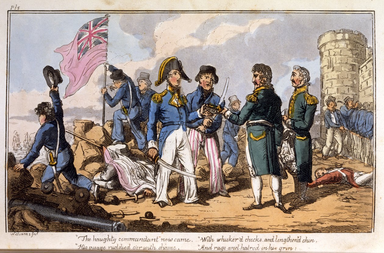 Povýšený velitel teď přišel... z The Adventures of a Post Captain, od námořního důstojníka, hospoda. 1820 (ručně kolorovaná akvatinta) od Charles Williams