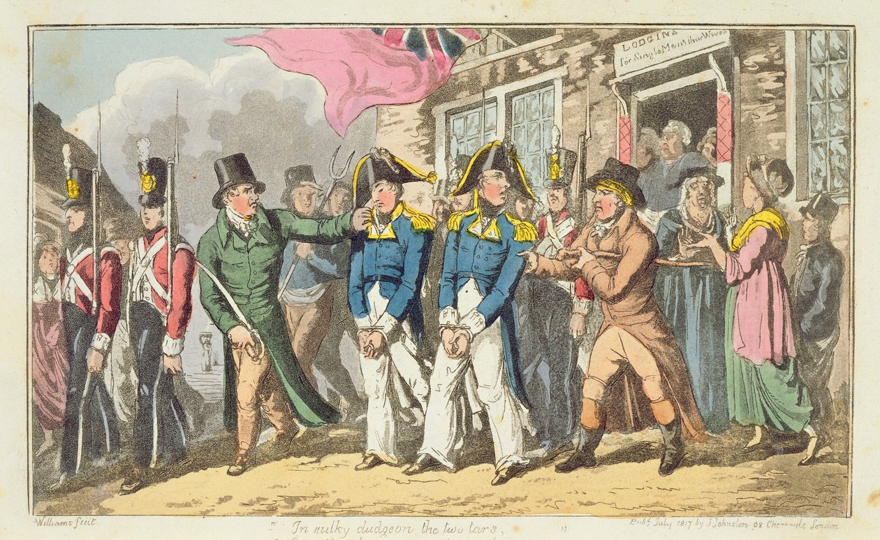 Dva námořní důstojníci jsou posláni do vězení, deska z „Dobrodružství Johnnyho Newcome in the Navy“ od Johna Mitforda (1782-1831) 1818 od Charles Williams