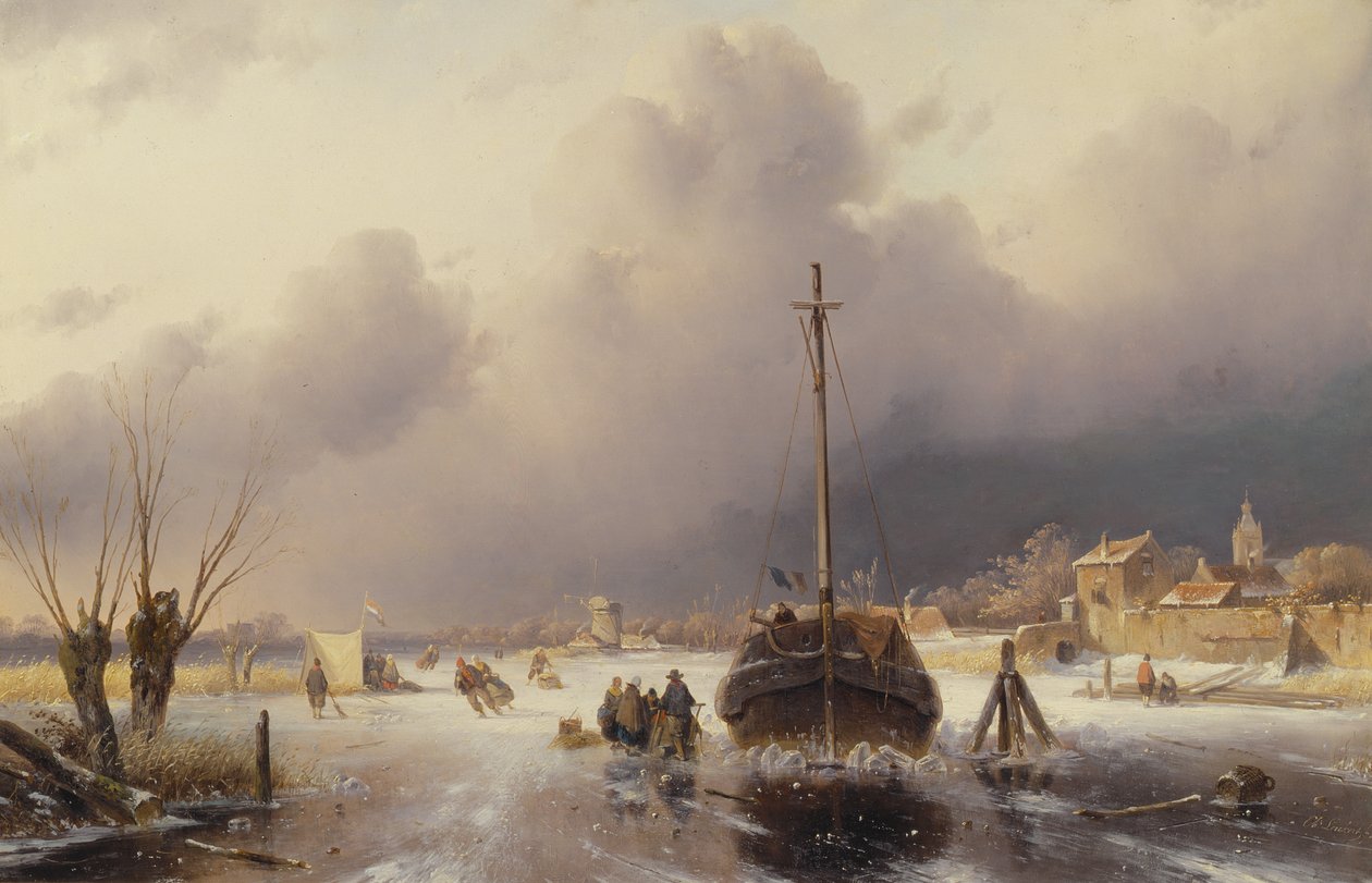 Zamrzlá řeka s lodí, 19. století od Charles Henri Joseph Leickert