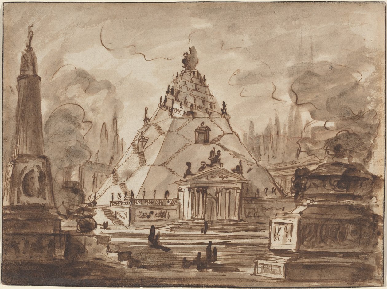 Architektonická fantazie s pyramidálním mauzoleem, asi 1747 (pero a hnědá tuš s hnědým lakem na křídovém papíře) od Charles-Michel-Ange Challe