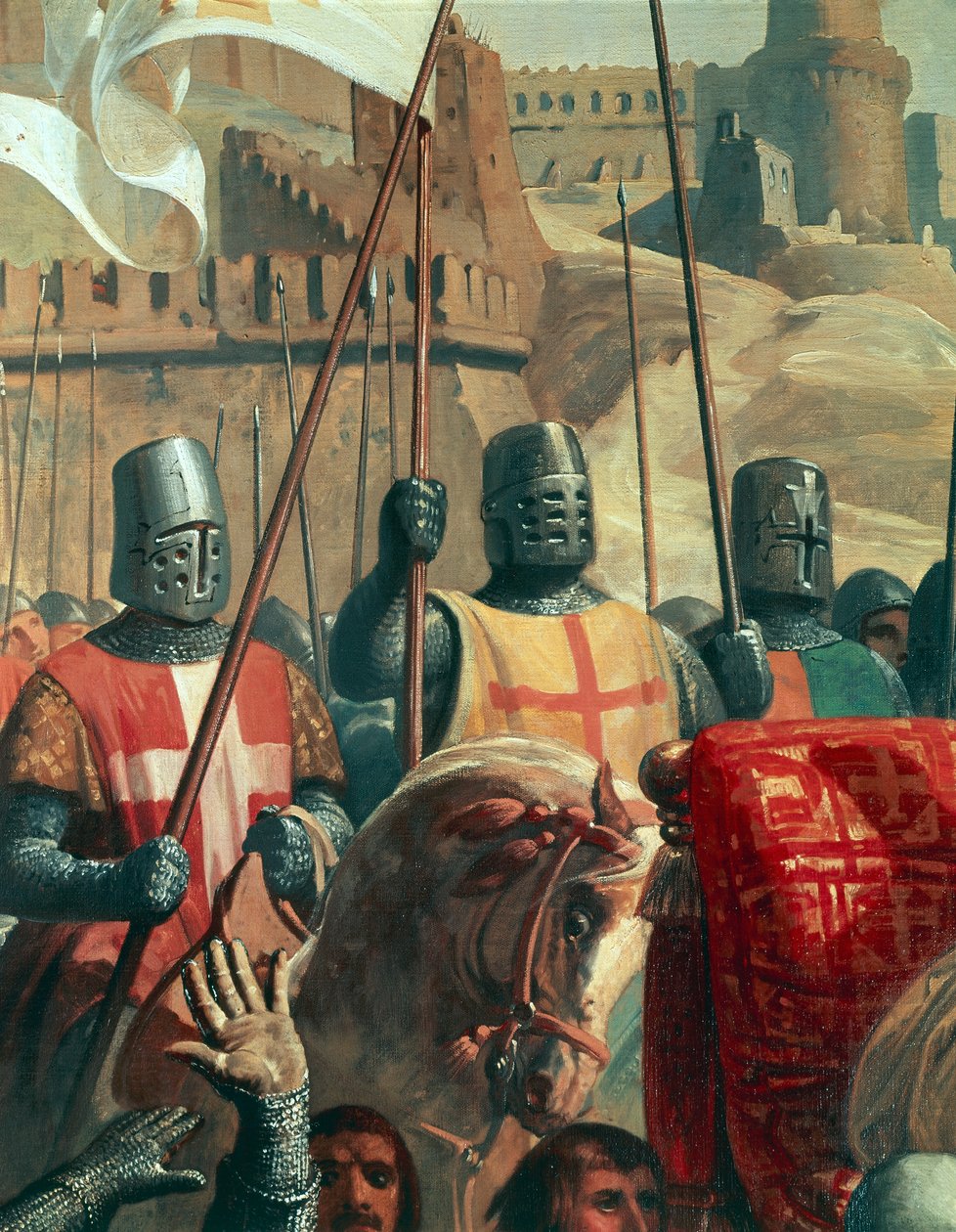 Knights Crusaders, yksityiskohta Ascalonin taistelusta Godfrey of Bouillonin ja Al Afdalin egyptiläisten välillä, Charles-Philippe Larivieren (1798-1876) maalaus od Charles Philippe Lariviere