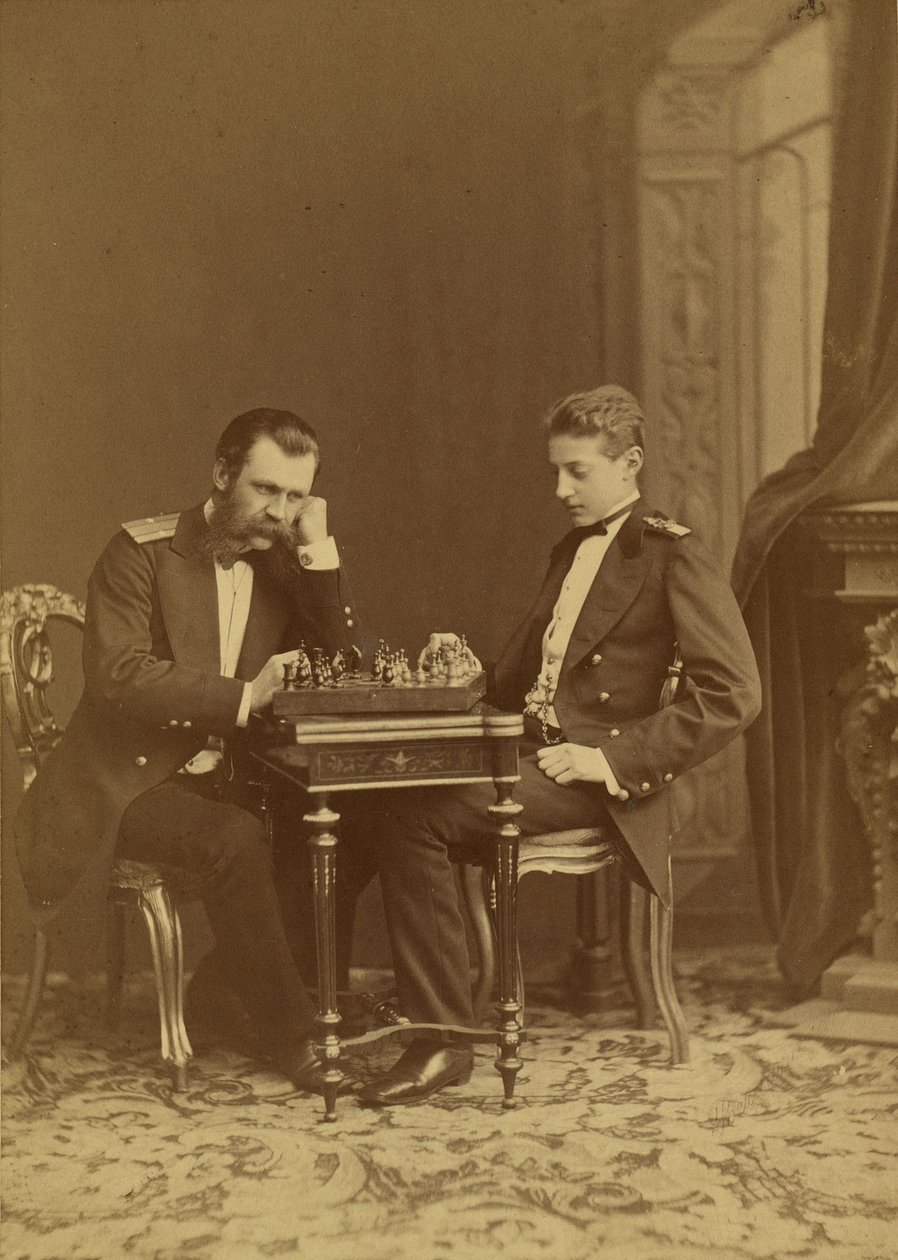 Constantin Nikolajevič de Russie et Constantin Constantinovič de Russie - velkovévoda Konstantin Nikolajevič Ruska (1827-1892) a velkovévoda Constantine Constantinovič Ruska (1858-1915), Bergamasco, Charles (Karl) (1830-1896). Foto albuminu od Charles Bergamasco