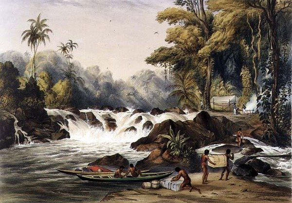 Vánoční katarakt na řece Berbice, z knihy "Pohledy do vnitrozemí Guyany", rytina Paula Gauciho (fl.1834-67), vyd. Ackermann od Charles (after) Bentley