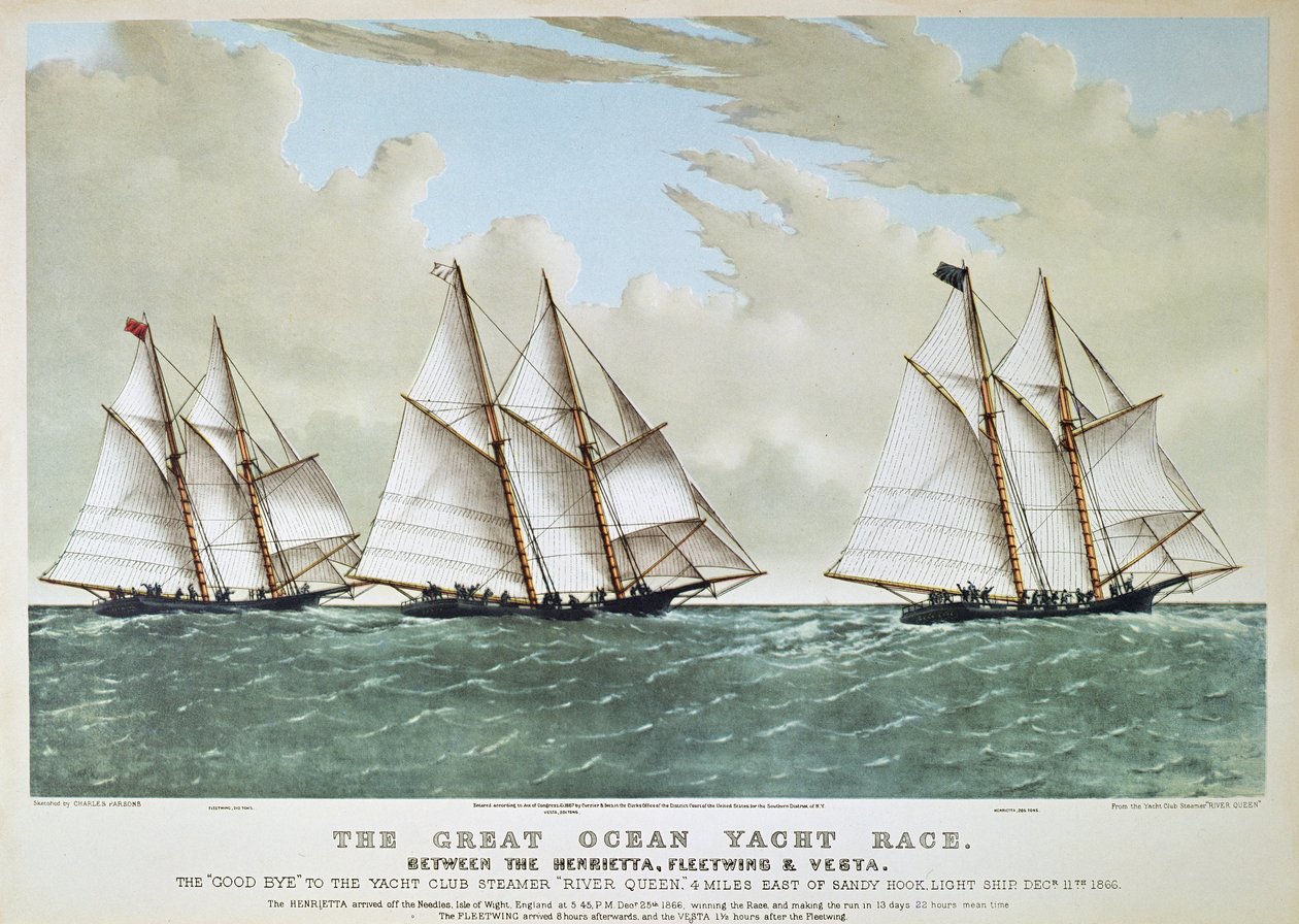 Great Ocean Yacht Race z roku 1866 mezi Henrietta, Vesta a Fleetwing, publikoval Currier & Ives od Charles (after) Parsons