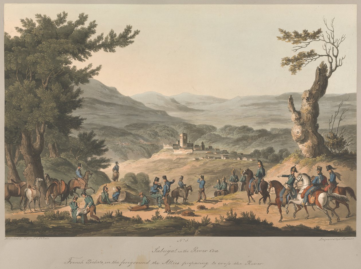č.5. Sabugal na řece Coa Francouzské hlídky v popředí spojenci připravující se na překročení řeky od Charles (after) Turner