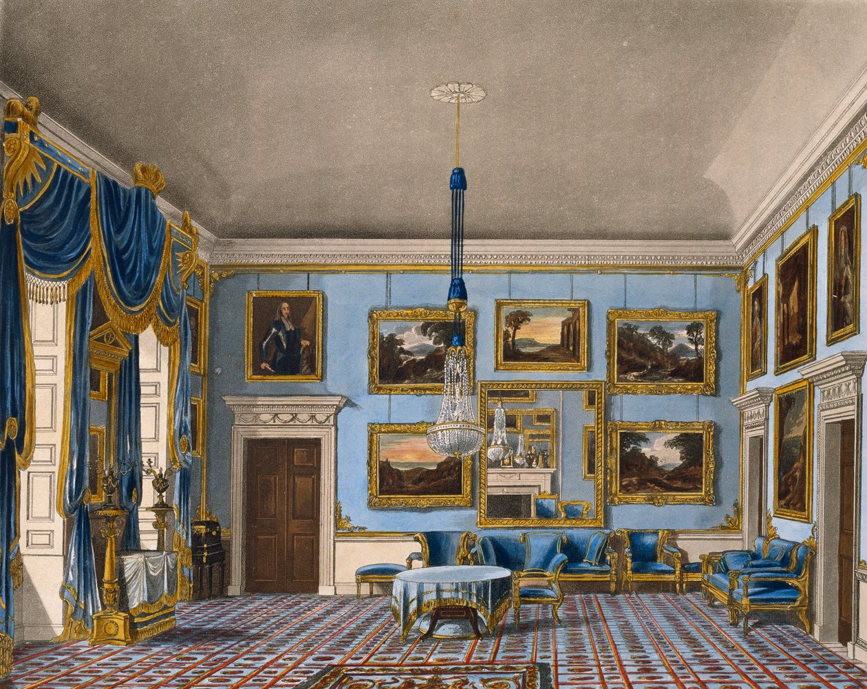 Modrý sametový sál, rytina Daniel Havell (1785-1826), Podle návrhu Charlese Wilda (1781-1835), Z historie královských sídel od Charles (after) Wild
