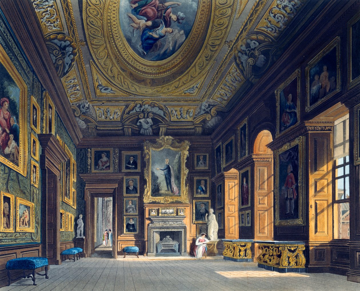 Přijímací pokoj královny Caroline, rytina Thomase Sutherlanda (1785-1838), podle návrhu Charlese Wilda (1781-1835), Z historie královských sídel od Charles (after) Wild