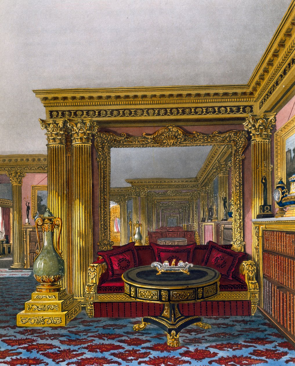 Zlatý salon, rytina Williama Jamese Bennetta (1787-1844), podle návrhu Charlese Wilda (1781-1835), Z historie královských sídel od Charles (after) Wild