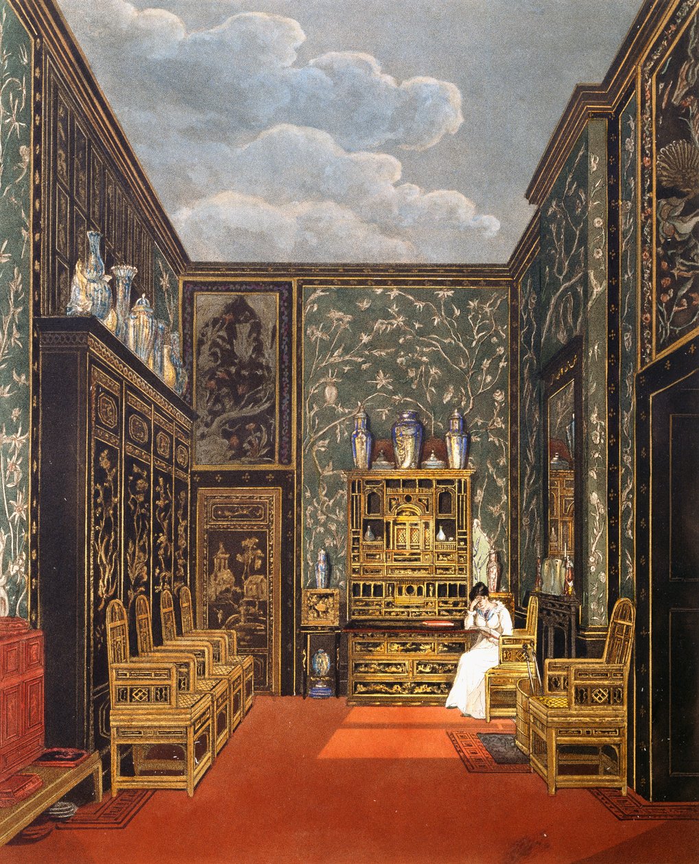 Zelená stahovací místnost, rytina Williama Jamese Bennetta (1787-1844), podle návrhu Charlese Wilda (1781-1835), Z historie královských sídel od Charles (after) Wild