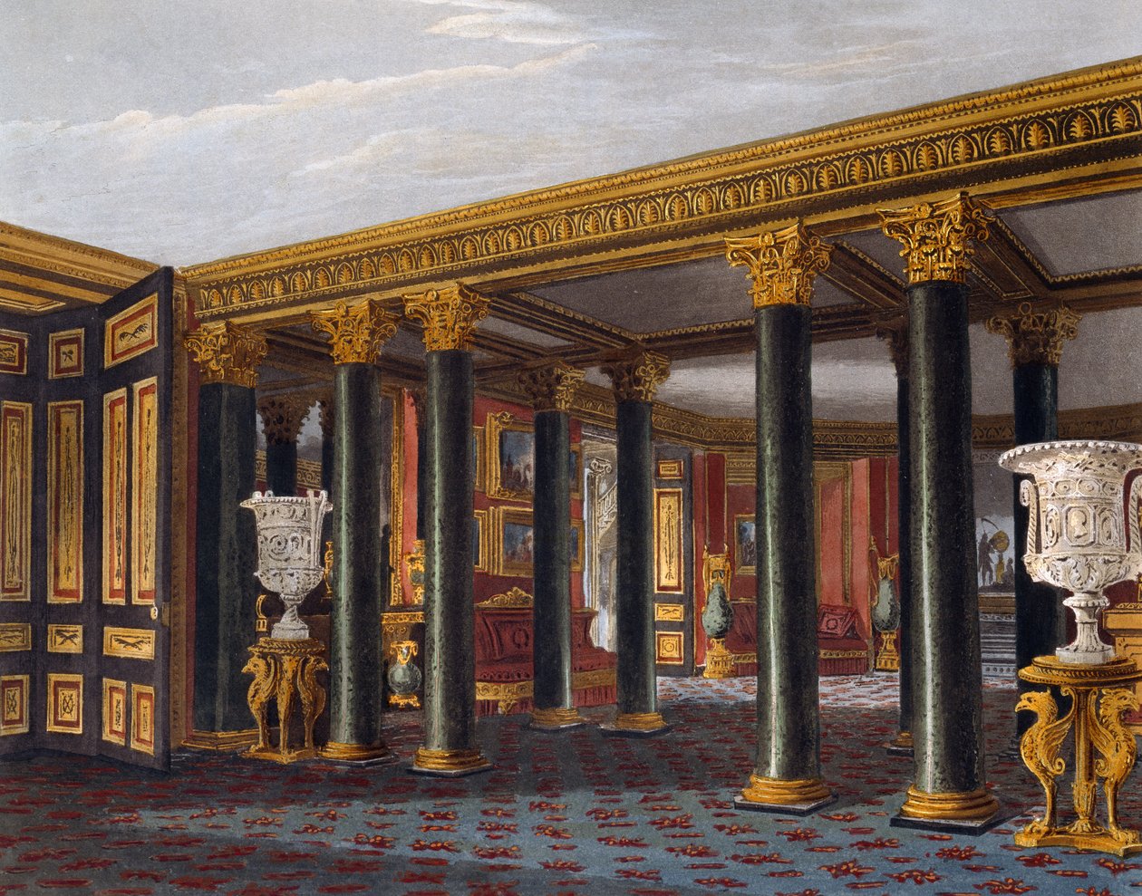 Dolní vestibul, rytina Richard Reeve (narozen v roce 1780), podle návrhu Charlese Wilda (1781-1835), z historie královských sídel od Charles (after) Wild