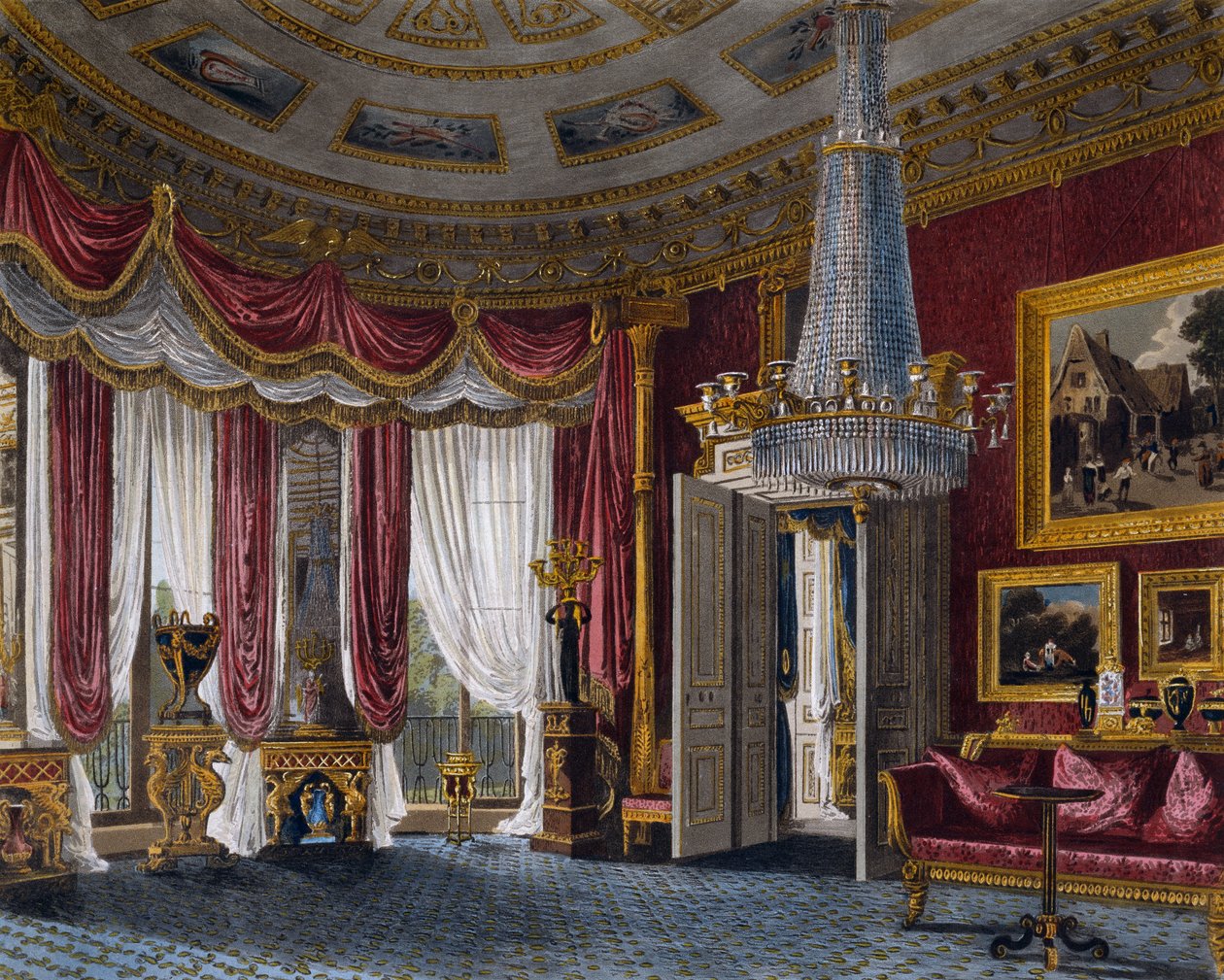 Růžový saténový salon, rytina Richarda Reeve (narozen v roce 1780), podle návrhu Charlese Wilda (1781-1835), Z historie královských sídel od Charles (after) Wild