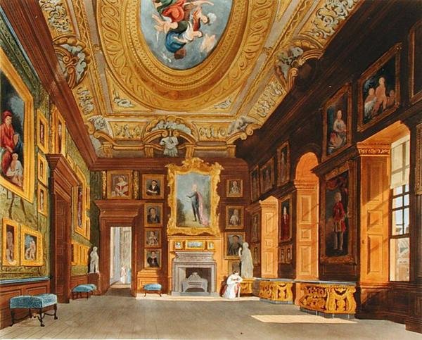 Přijímací pokoj královny Caroline, Kensingtonský palác, z „Historie královských sídel“, vyryl Thomas Sutherland (nar. 1785), William Henry Pyne (1769-1843) od Charles (after) Wild