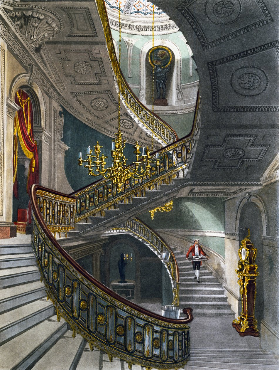 Schodiště, rytina od Richarda Reevea po kresbě Charlese Wilda, Z historie královských sídel od Charles (after) Wild