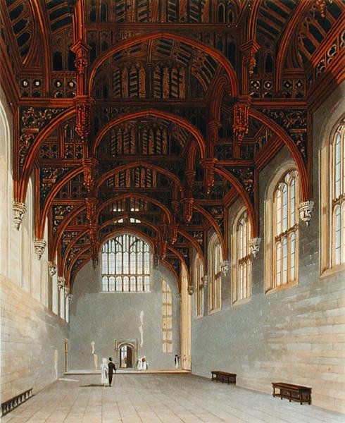 Gotický sál, Hampton Court, z „Dějiny královských sídel“, vyrytý Williamem Jamesem Bennettem (1769-1844), Williamem Henrym Pynem (1779-1843) od Charles (after) Wild