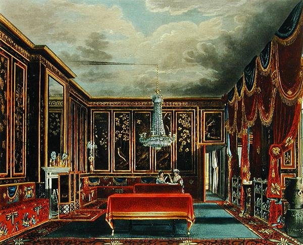 Japonský pokoj ve Frogmore, rytina R. Reevea, z knihy "The History of the Royal Residences of the Windsor Castle, St. James Palace, Carlton House, Kensington Palace, Hampton Court and Frogmore", kterou vydal A. Dry. od Charles (after) Wild