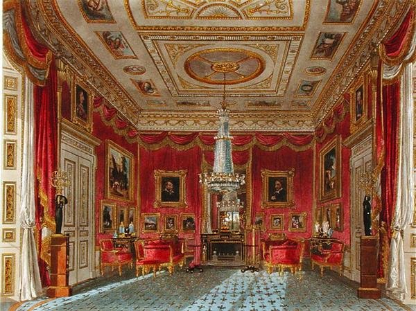 Růžový saténový přijímací pokoj, Carlton House, z „Dějiny královských sídel“, vyryl Daniel Havell (1785-1826), William Henry Pyne (1769-1843) od Charles (after) Wild