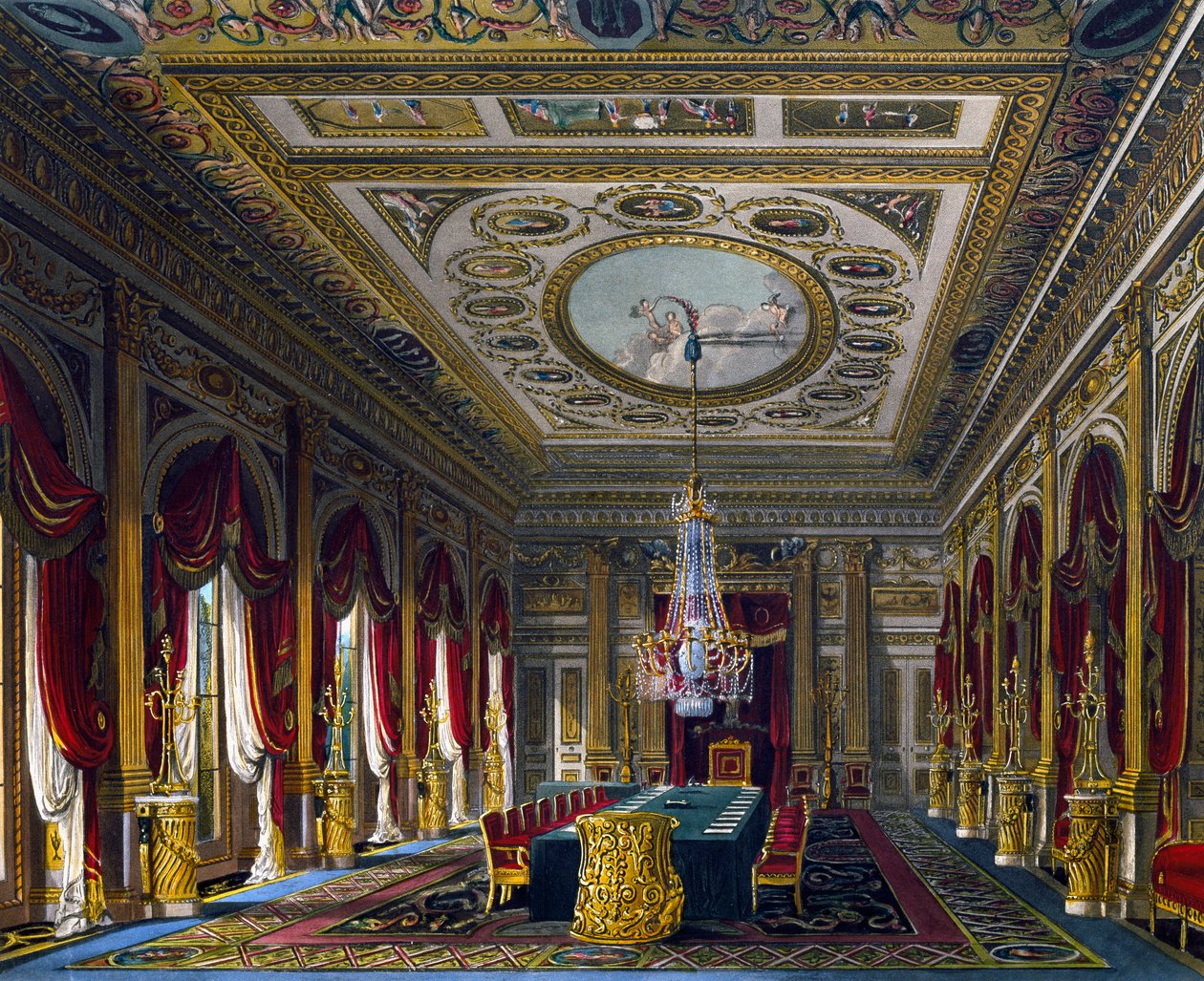 Trůnní sál, rytina Thomase Sutherlanda (1785-1838), podle návrhu Charlese Wilda (1781-1835), Z historie královských sídel od Charles (after) Wild