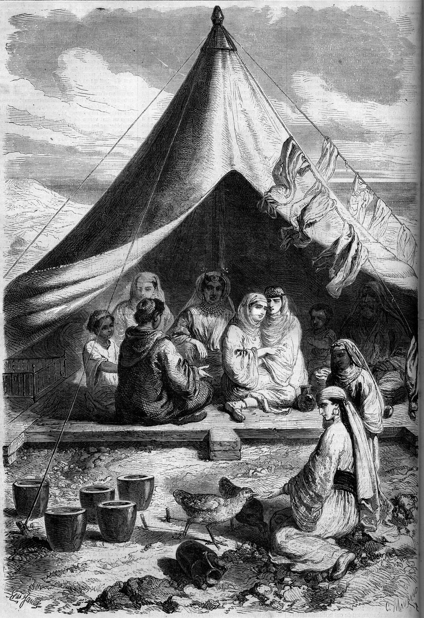 Židovská rodina z Maroka uprchla na pobřeží Gibraltaru v roce 1860. Podle náčrtu pana Yriarteho. Rytina v „“ Le Monde Illustré““ č. 146 z 28. ledna 1860. od Charles (after) Yriarte