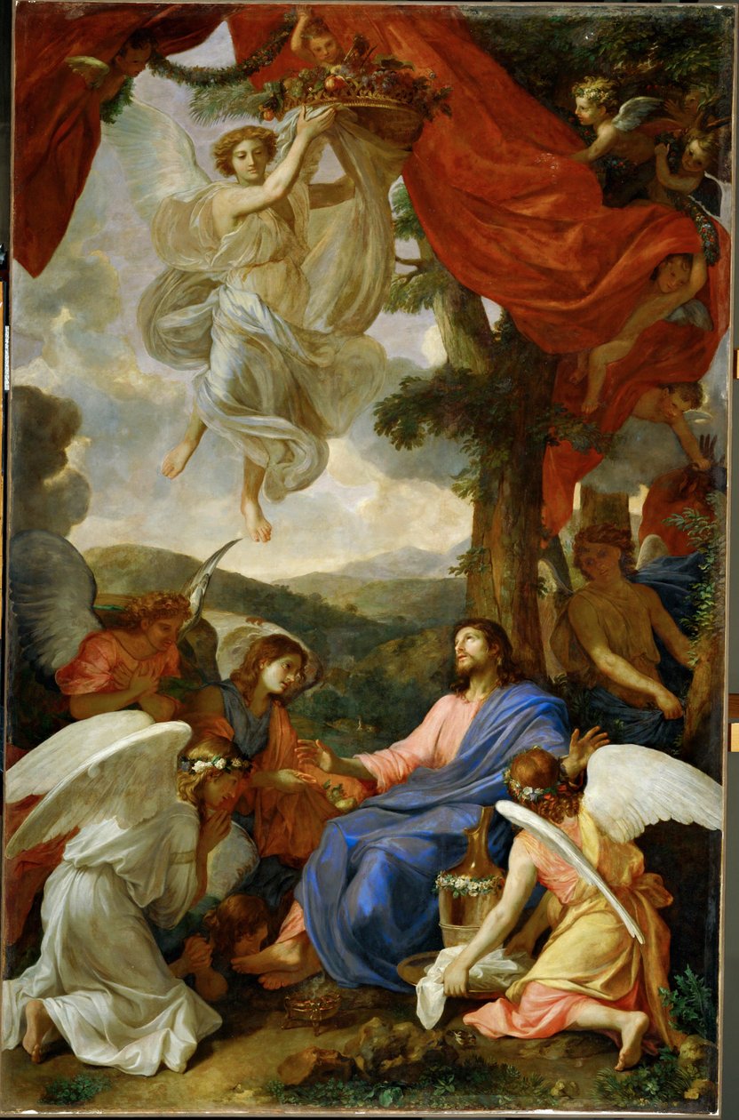 Le Christ au desert servi par les anges - Kristus na poušti, obsluhovaný anděly ... od Charles (attr. to) Le Brun