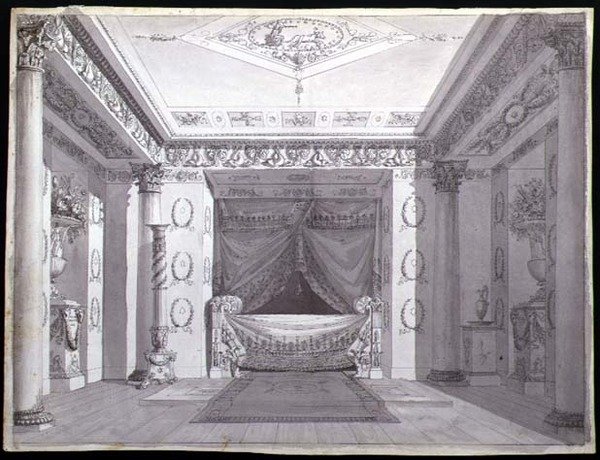 Design pro empírovou ložnici, cca 1810 (pero, inkoust a akvarel na papíře) od Charles (attr. to) Percier