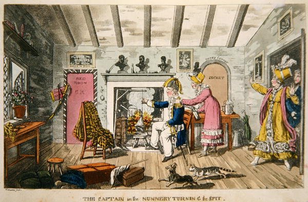 „Kapitán v klášteře otáčí rožni“, deska z „Dobrodružství Johnnyho Newcome in the Navy“ od Johna Mitforda (1782-1831) (barevná akvatinta) od Charles (c.1797 1850) (after) Williams