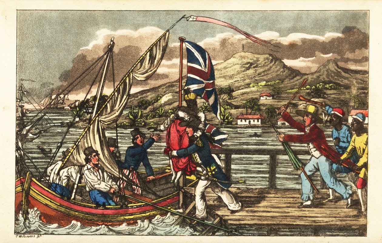 Důstojník anglického námořnictva unesl zotročenou ženu na molu Barbados, pronásledovaný manželem jejího majitele a pracovníky plantáže od Charles (c.1797 1850) (after) Williams
