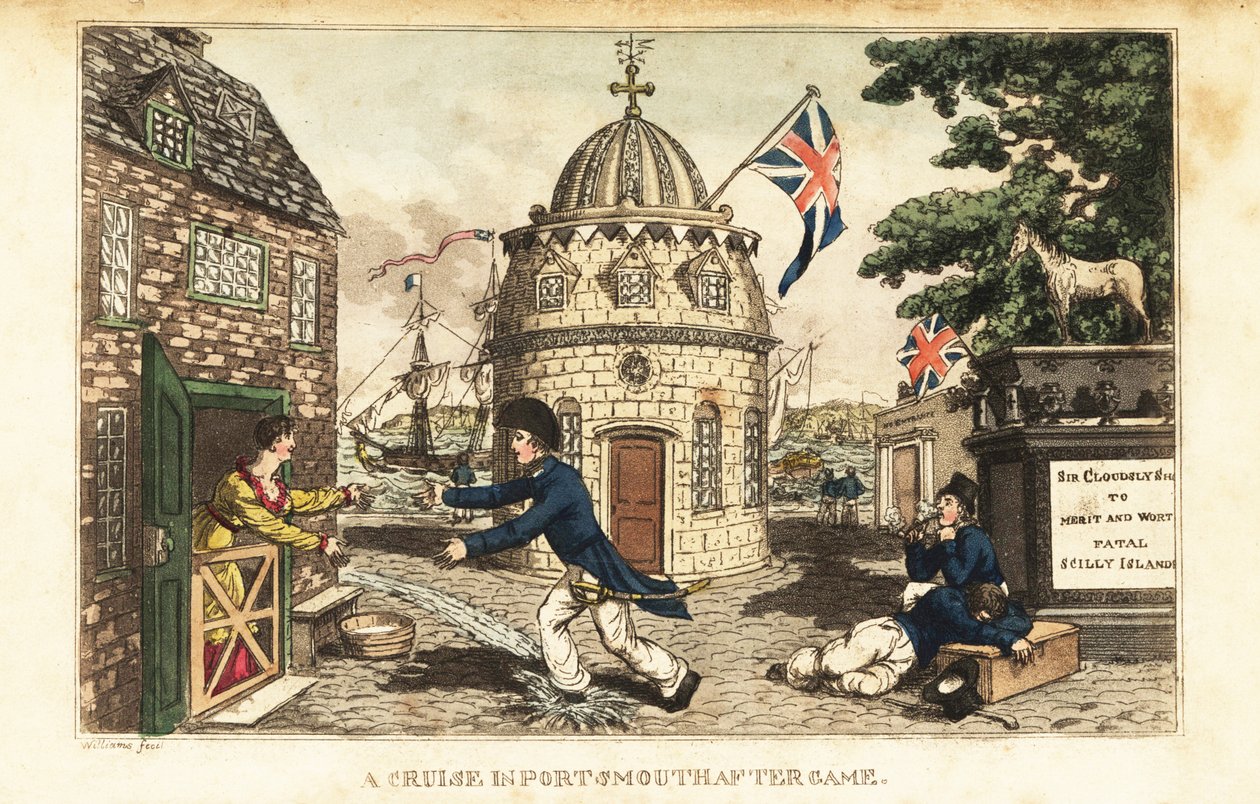 Johnny Newcome na břehu opouští návštěvu Poll Raffle jako prostitutka v Prospect Row od Charles (c.1797 1850) (after) Williams