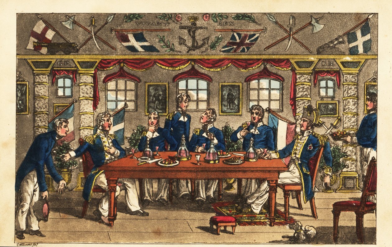 Praporčík Newcome se uklonil při odchodu z večeře v kapitánově kajutě HMS Victory od Charles (c.1797 1850) (after) Williams