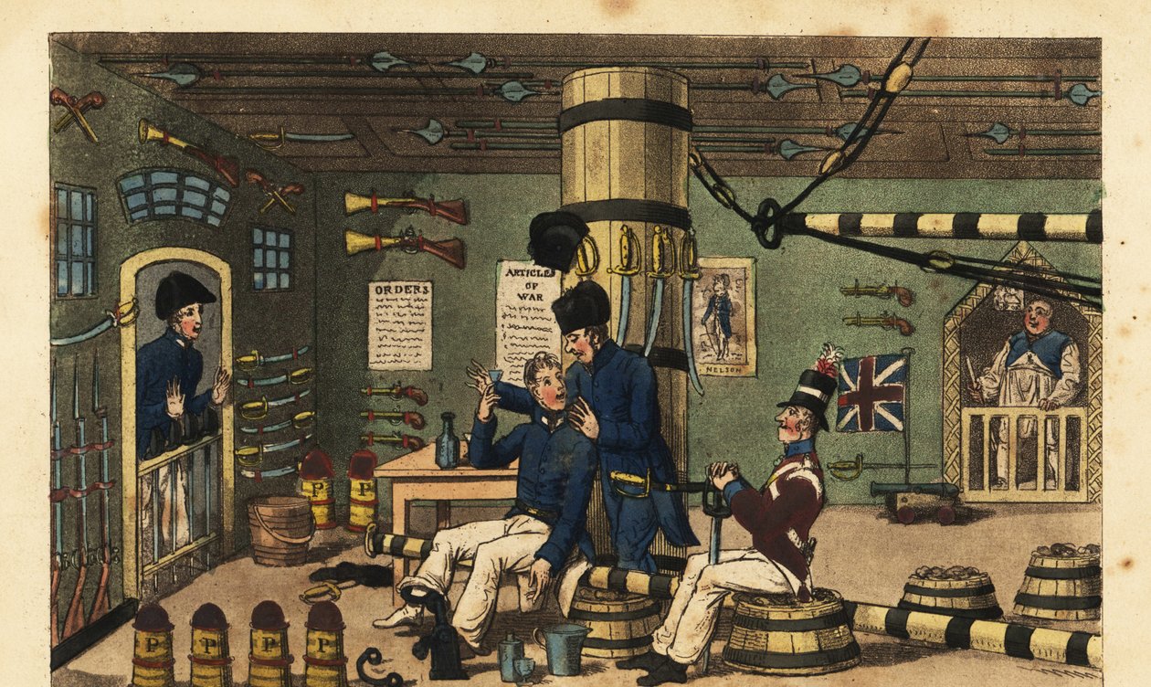 Praporčík Newcome uvězněný v železných řetězech v místnosti se zbraněmi za zásah doktora Pestlea od Charles (c.1797 1850) (after) Williams