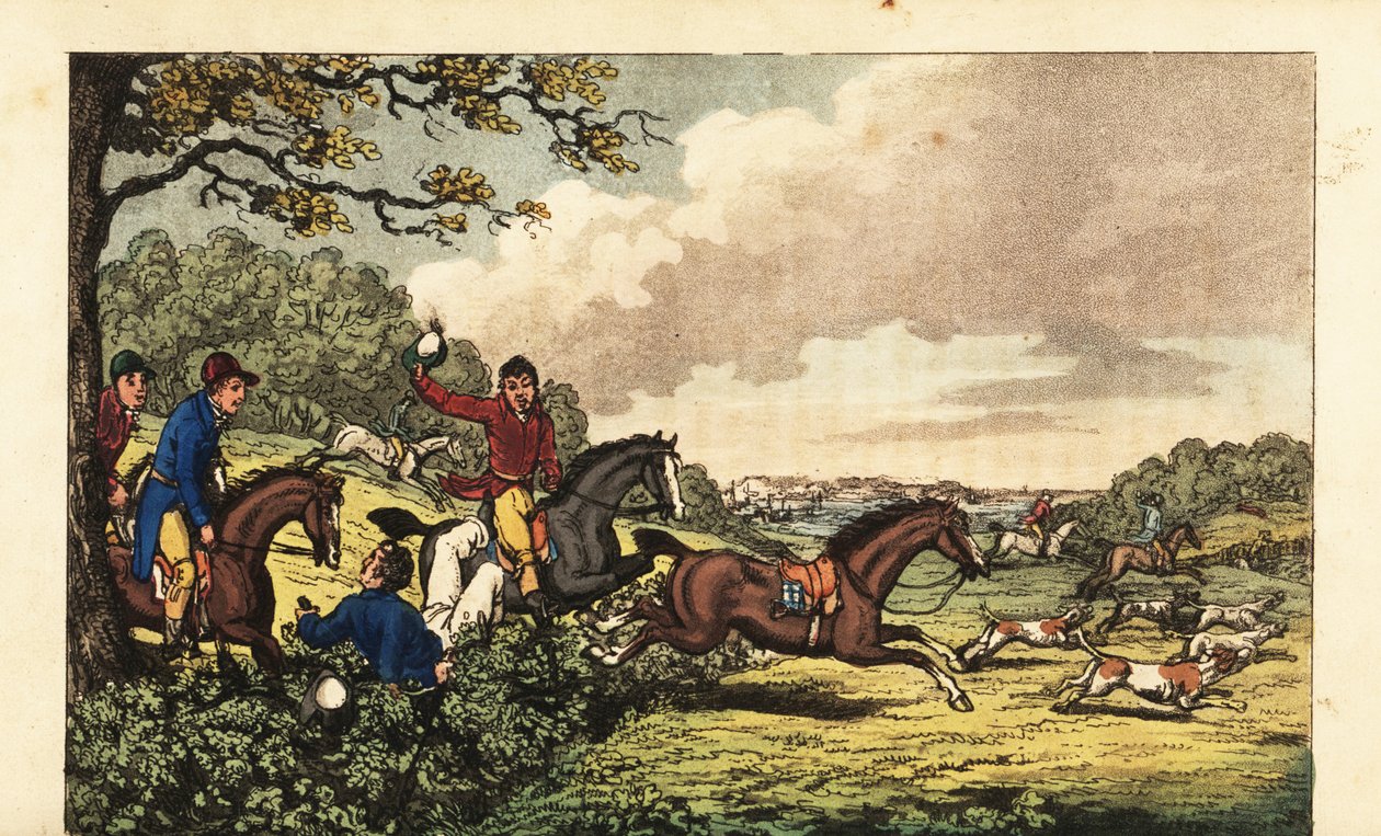 Praporčík Newcome spadne do živého plotu při lovu lišky poblíž Bertram Hall od Charles (c.1797 1850) (after) Williams
