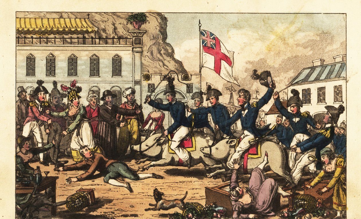Důstojníci královského námořnictva jedoucí na prasatech v sedlech po trhu v Gibraltaru od Charles (c.1797 1850) (after) Williams