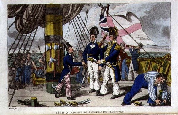 Čtvrtletní paluba před bitvou, deska z „Dobrodružství Johnnyho Newcome in the Navy“ od Johna Mitforda (1782-1831) 1818 (litho) od Charles (c.1797 1850) (after) Williams